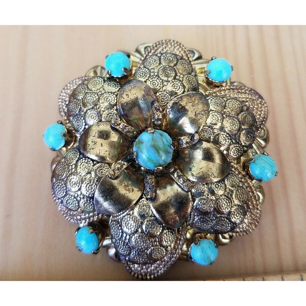 Vintage Austria Flower Faux Turquoise Filigree Signed Brooch Retro Gold Tone